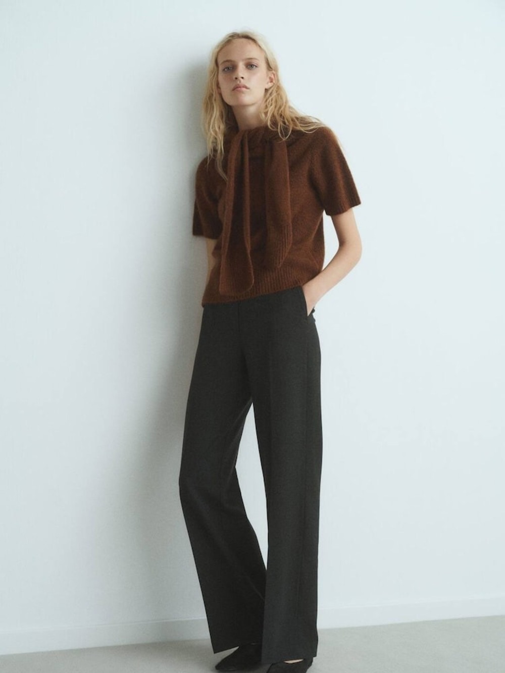 Mango MNG Short Sleeve Combined Brown Sweater Scarf